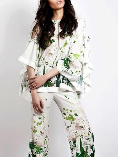 

Long sleeve Crew Neck Loose Floral Elegant Shirt, White, Blouses and Shirts