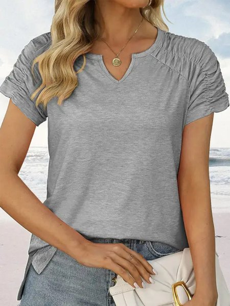 

V-neck Casual Loose Solid Color Short-sleeved T-shirt, Gray, T-Shirts