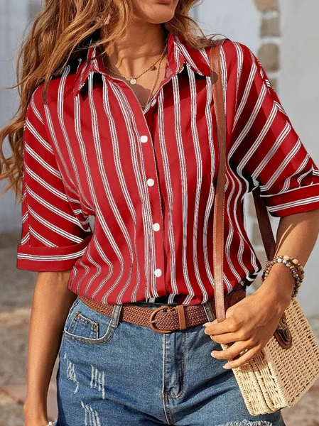 

Loose Striped Casual Shirt Collar Blouse, Red, Shirts & Blouses