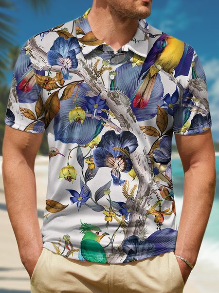 

Men’s Birds and Flowers Pattern Regular Fit Casual Polo Shirt, As picture, T-shirts