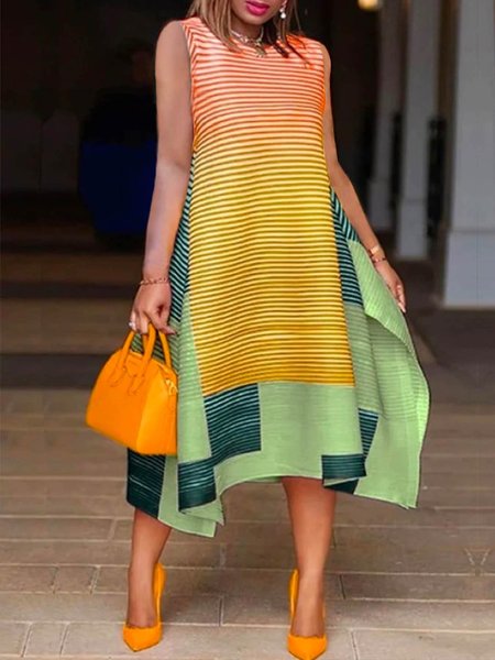 

Geometric Loose Elegant Crew Neck Dress, Yellow, Midi Dresses