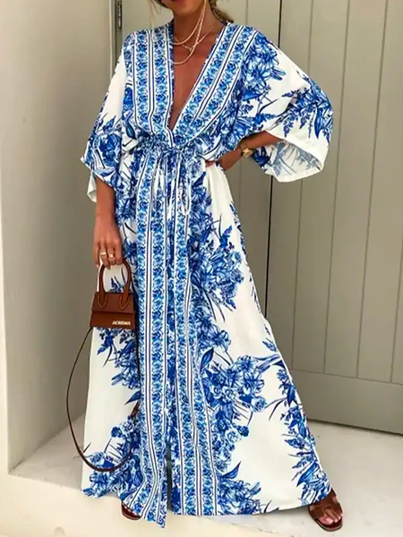 

Vacation Ethnic V Neck Loose Dress, Blue, Dresses