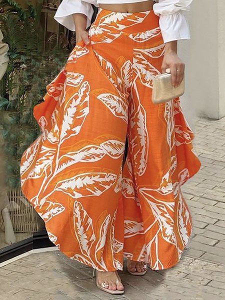 

Daily High Waist Leaf Elegant Regular Fit Pants, Orange, Pants