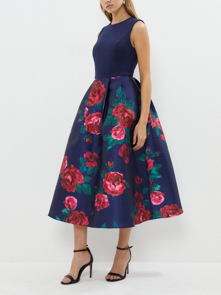 Women's Foral Party Wedding Midi Dress, Blue, Midi Dresses