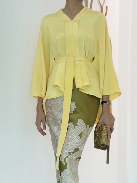 

Daily Plain Regular Fit V Neck Elegant Shirt, Yellow, Blouses and Shirts