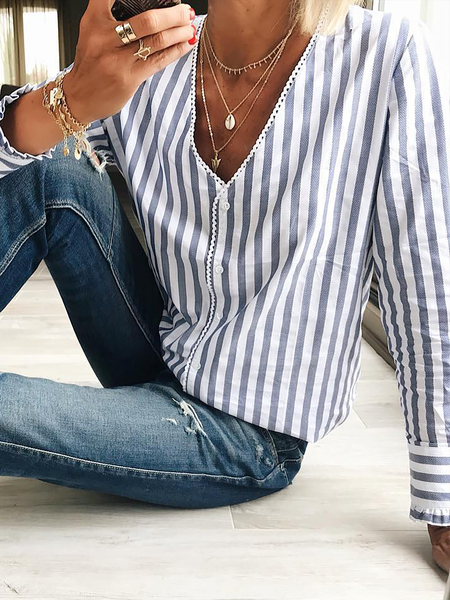 

Striped V Neck Loose Casual Blouse, Blue, Shirts