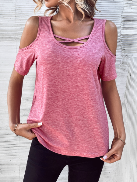 

Loose Cold Shoulder Plain Casual T-Shirt, Pink, T-Shirts