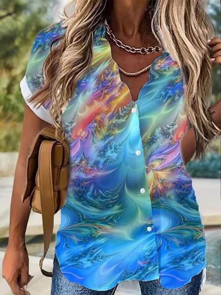 

V Neck Loose Casual Ombre Blouse, Blue, Shirts & Blouses