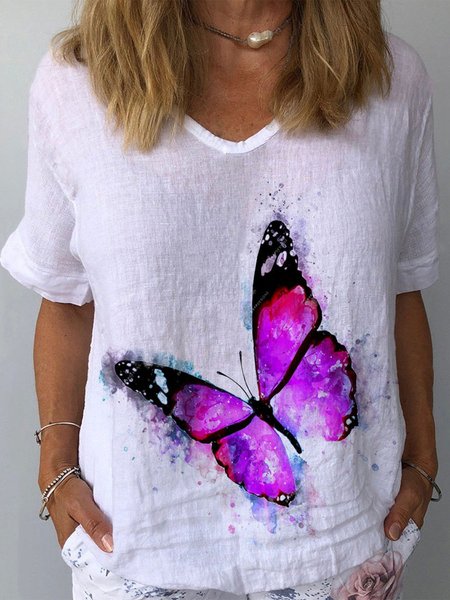 

Linen Regular Fit Crew Neck Butterfly T-Shirt, White, Shirts & Blouses