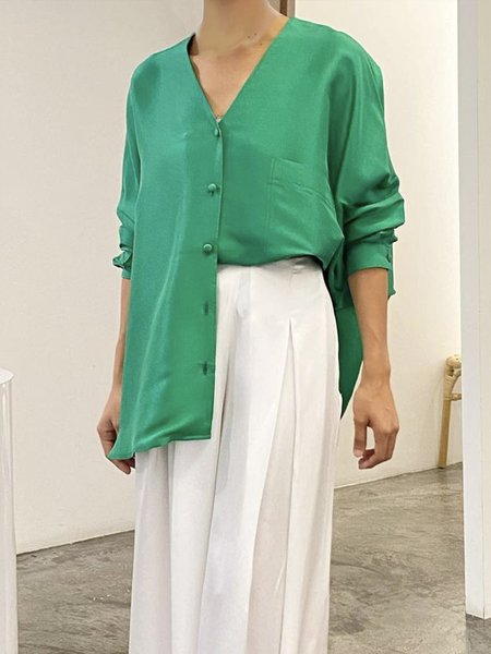 

V Neck Plain Elegant Regular Fit Blouse, Green, Blouses and Shirts