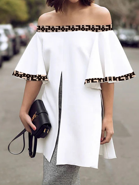 

Loose Elegant Cold Shoulder Short sleeve Mid-long Shirt, White, Blouses and Shirts