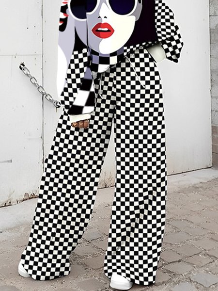 

Loose Plaid Casual Pants, Black-white, Pants