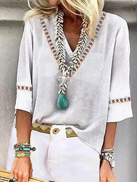 

V Neck Cotton And Linen Linen Shirt, White, Shirts & Blouses