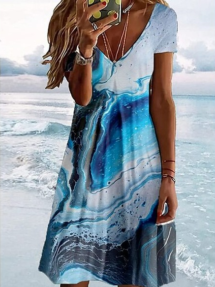 

Ombre Vacation V Neck Dress, Blue, Dresses
