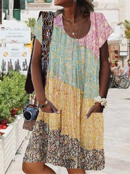 

Color Block Vacation Loose Crew Neck Dress, Yellow, Dresses