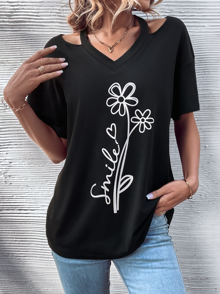 

V Neck Floral Casual Regular Fit T-Shirt, Black, T-Shirts