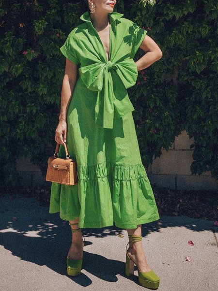 

Regular Fit Shirt Collar Plain Vacation Midi Dress, Green, Midi Dresses