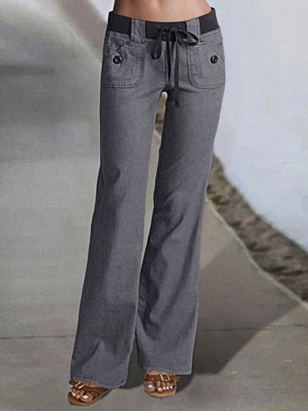 

Button Detail Drawstring Low Rise Loose Plain Casual Flare Pants, Gray, Pants
