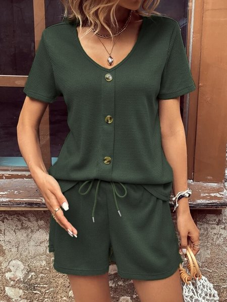 

Knitted Loose V Neck Casual Two-Piece Set, Dark green, Suit Set