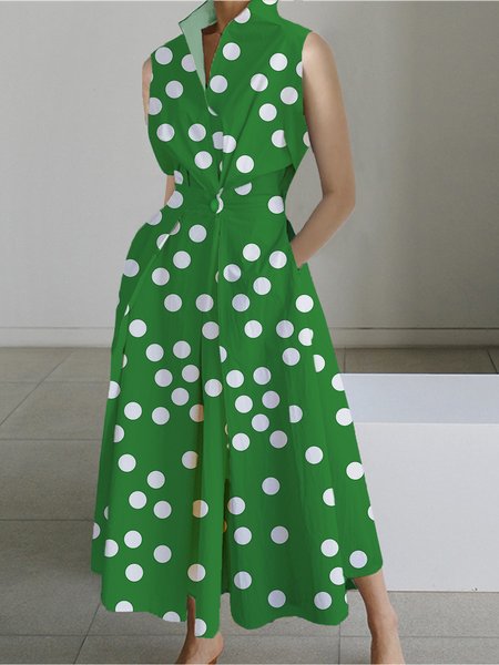 

Polka Dots Urban Regular Fit Shirt Collar Dress, Green, Midi Dresses