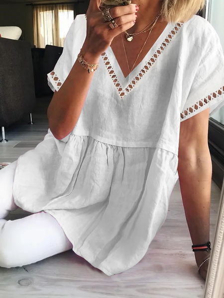 

Summer Loose V Neck Hollow Out Lace Short Sleeve Loose Cotton And Linen Tunic Top, White, Tunics