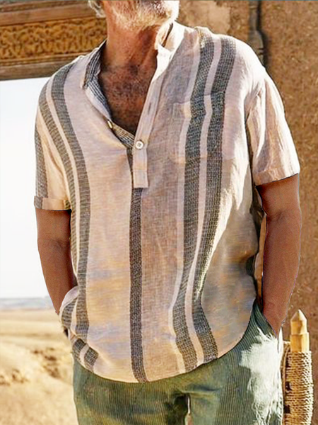 

Striped Chest Pocket Short Sleeve Shirt, Khaki, Men Shirts