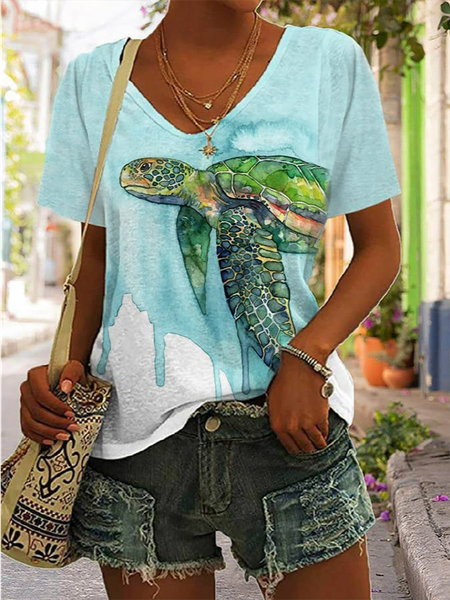 

V Neck Vacation Turtle T-Shirt, Green, T-Shirts