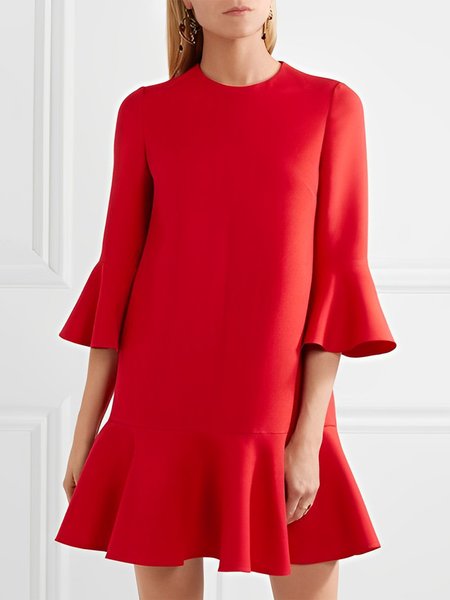 

Loose Elegant Plain Crew Neck Dress, Red, Mini Dresses