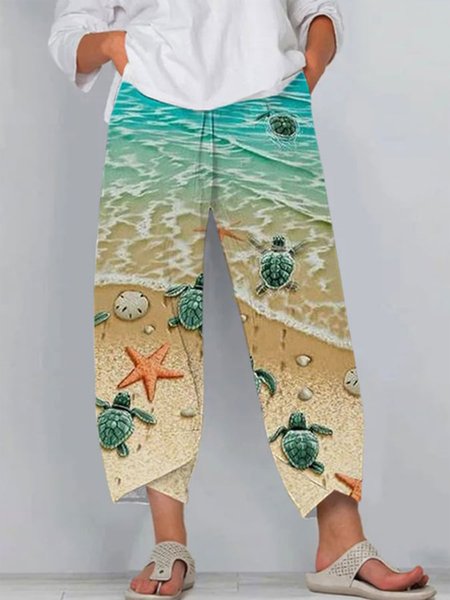 

Loose Casual Marine Life Pants, Blue, Pants