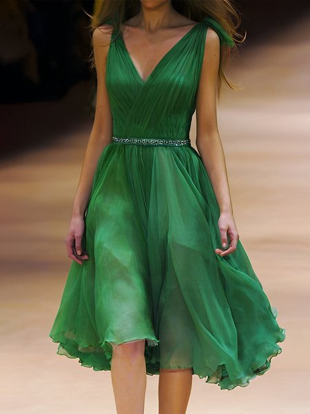 

Plain Regular Fit V Neck Elegant Dress, Green, Mini Dresses