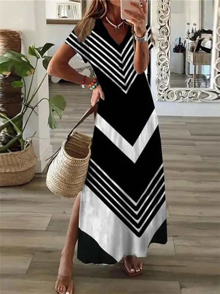

V Neck Casual Loose Geometric Dress, Black, Dresses