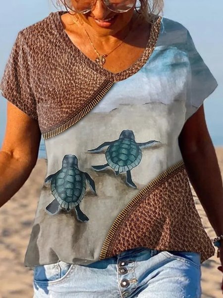 

V Neck Casual Loose Sea T-Shirt, Blue, T-Shirts