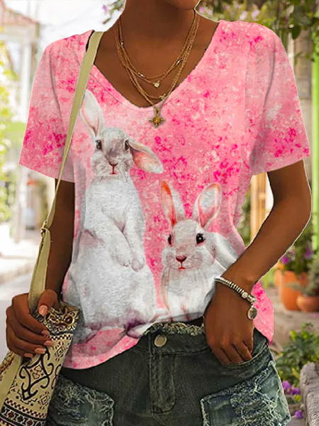 

Vacation V Neck Loose Pink Bunny Print Casual Women's T-Shirt, T-Shirts