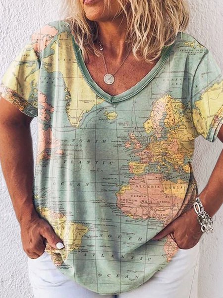

Plus Size Casual V Neck Jersey Map T-Shirt, Aqua, T-Shirts