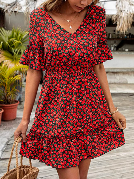 

V Neck Floral Vacation Dress, Red, Dresses