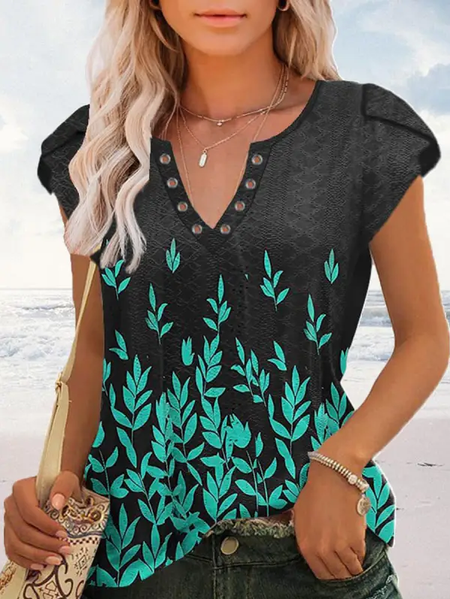 

V Neck Vacation Leaf Shirt, Black, Shirts & Blouses