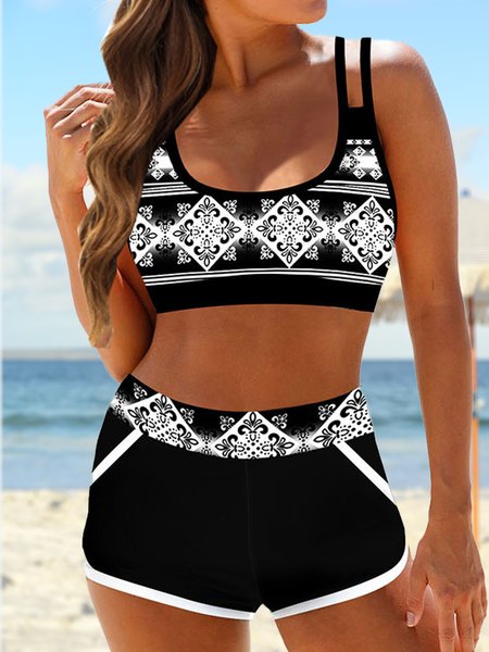 

Casual Ethnic Printing Scoop Neck Bikini, Black, swimwear>>Bikini Sets