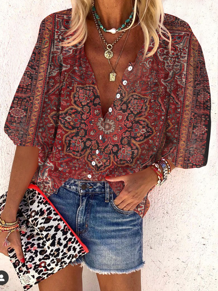 

Boho Ethnic Buttoned Loose Blouse, Red brown, Shirts & Blouses