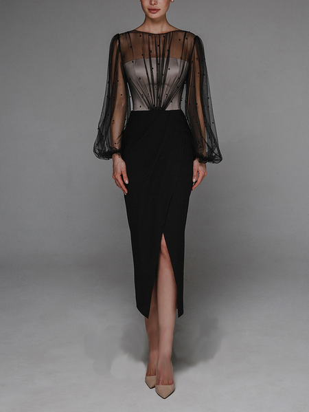 

Plain Elegant Imitation Pearls Crew Neck Party Dress, Black, Midi Dresses