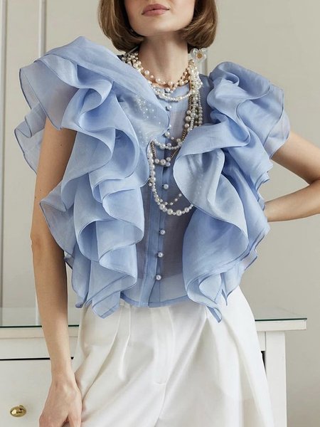 

Plain Sleeveless Regular Fit Elegant Blouse, Blue, Blouses and Shirts