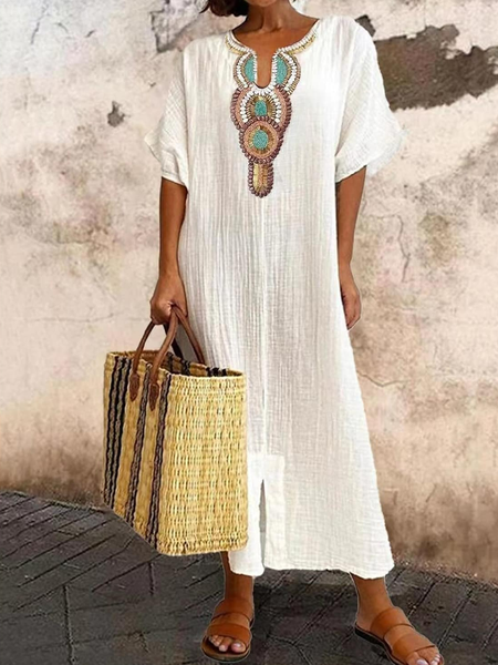 

Casual Notched Loose Dress, White, Maxi Dresses