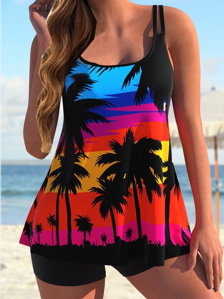 

Casual Plants Printing Scoop Neck Tankini, Red, swimwear>>Tankinis