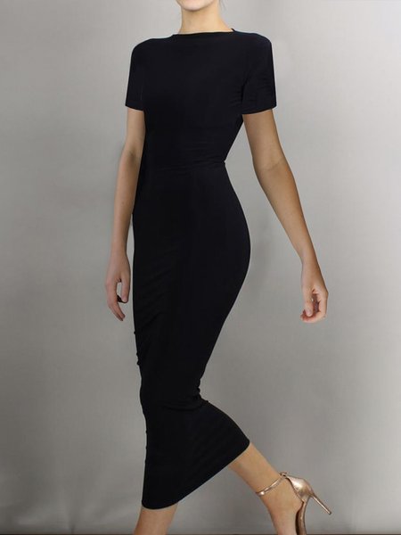

Short sleeve Regular Fit Boat Neck Plain Dress, Black, Maxi Dresses