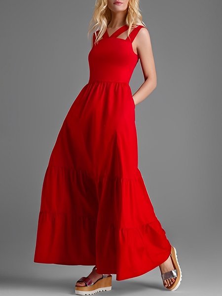 

Elegant Regular Fit Plain Long Dress, Red, Maxi Dresses