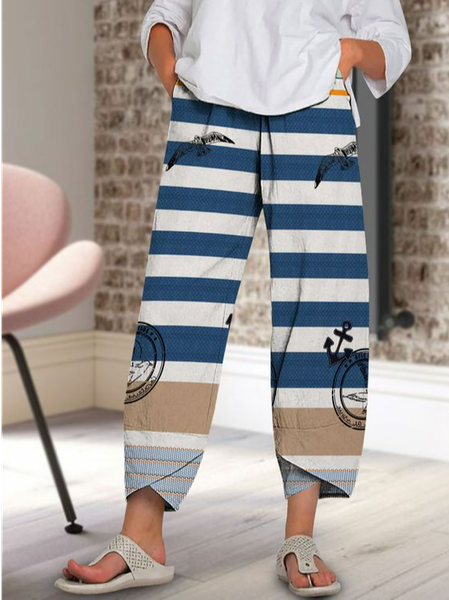 

Loose Striped Casual Pants, Blue, Pants