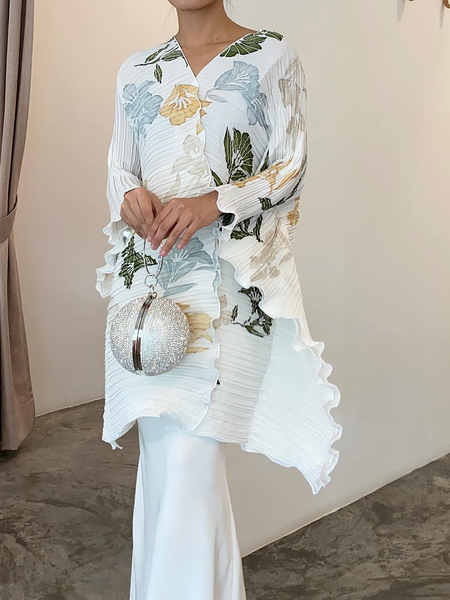 

Loose Elegant V Neck Three Quarter Mid-long Shirt, White, Blouses and Shirts