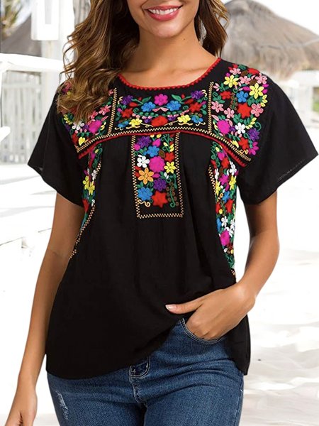 

Cotton Crew Neck Vacation Ethnic Shirt, Black, Shirts & Blouses