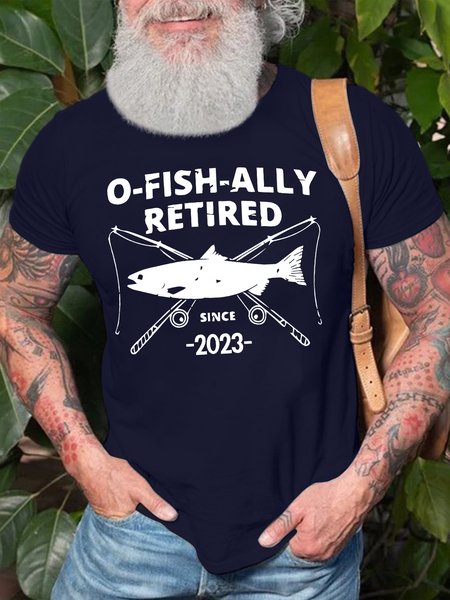

Men's O-Fish-Ally Retired Since 2023 Funny Graphic Printing Cotton Casual Text Letters Loose T-Shirt, Purplish blue, T-shirts