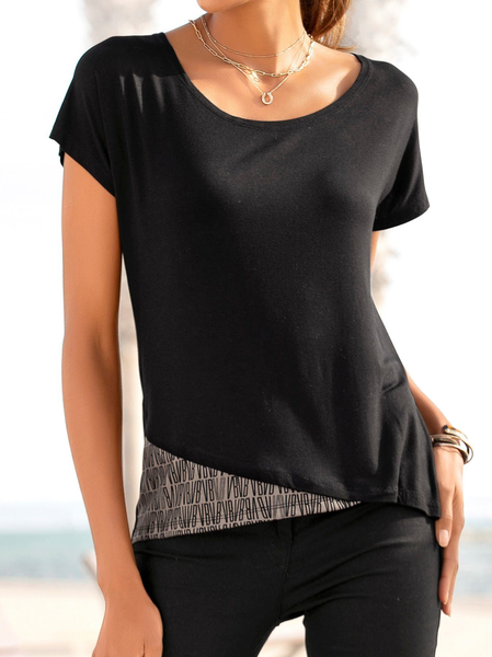 Casual Regular Fit Crew Neck Color Block T-Shirt, Black, T-Shirts