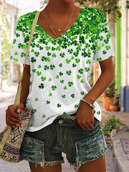 St. Patrick's Day Shamrock Print Short Sleeve Casual T Shirt